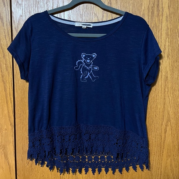 Grateful Dead Tops - Navy Blue Top with a Grateful Dead Bear Design and Lace Hem